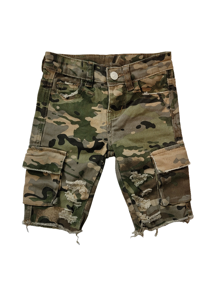 Distressed Camo Denim Shorts