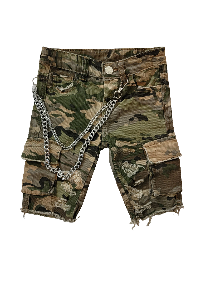 Distressed camo shorts shop