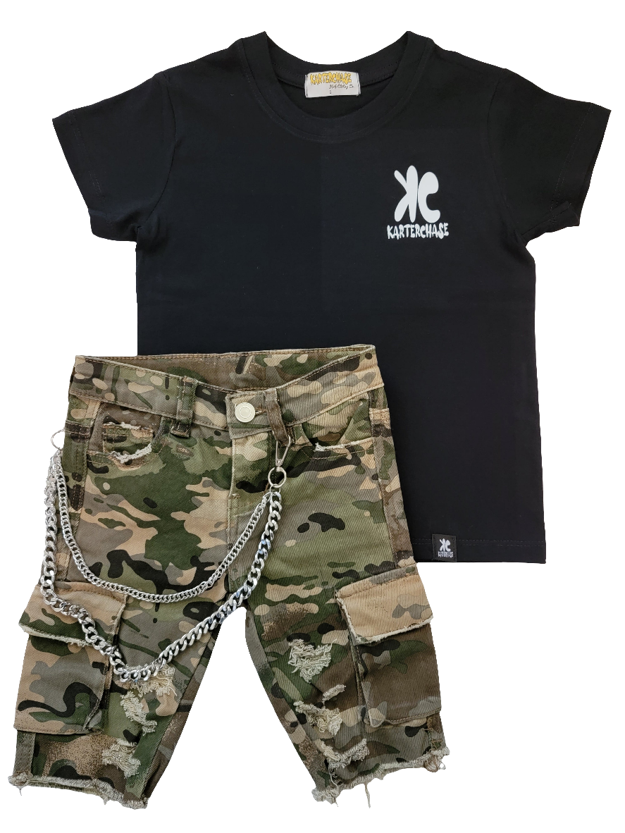 Distressed Camo Denim Shorts